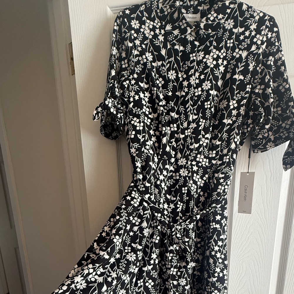Calvin Klein Black and White Floral Midi Dress